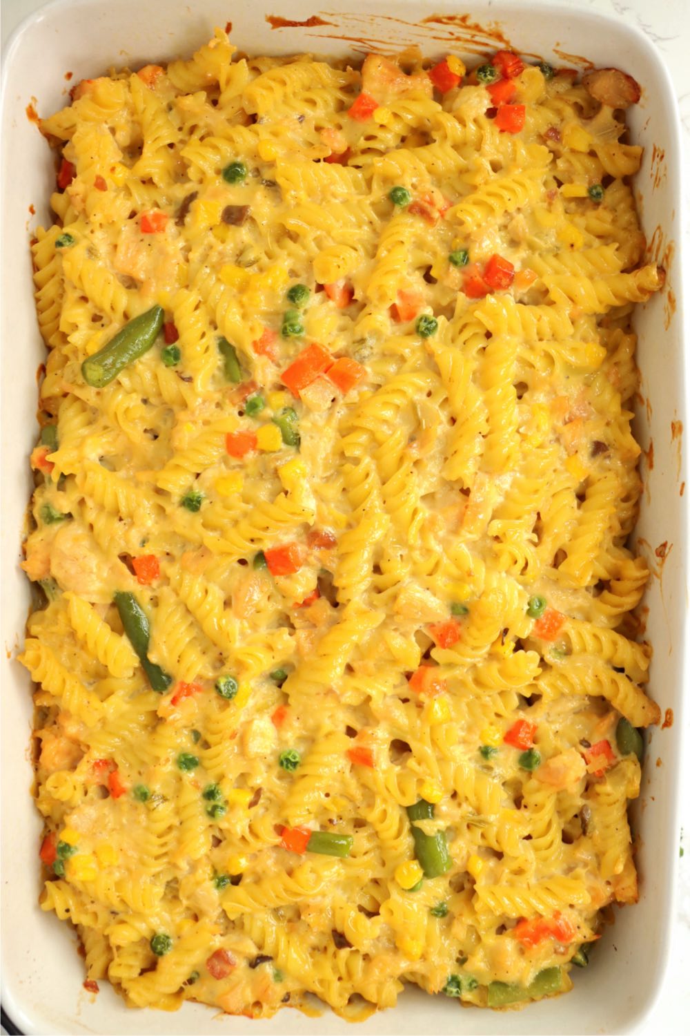 Chicken pot pie pasta baked in a pan