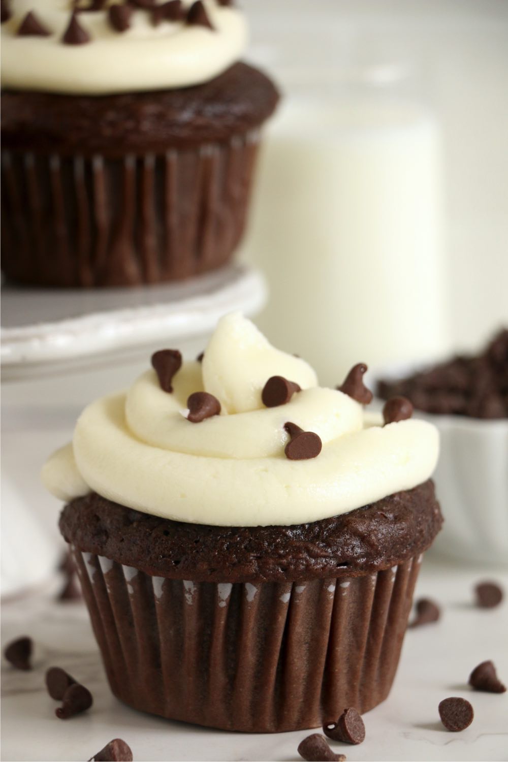 chocolate cupcake with vanilla frosting and chocolate chips