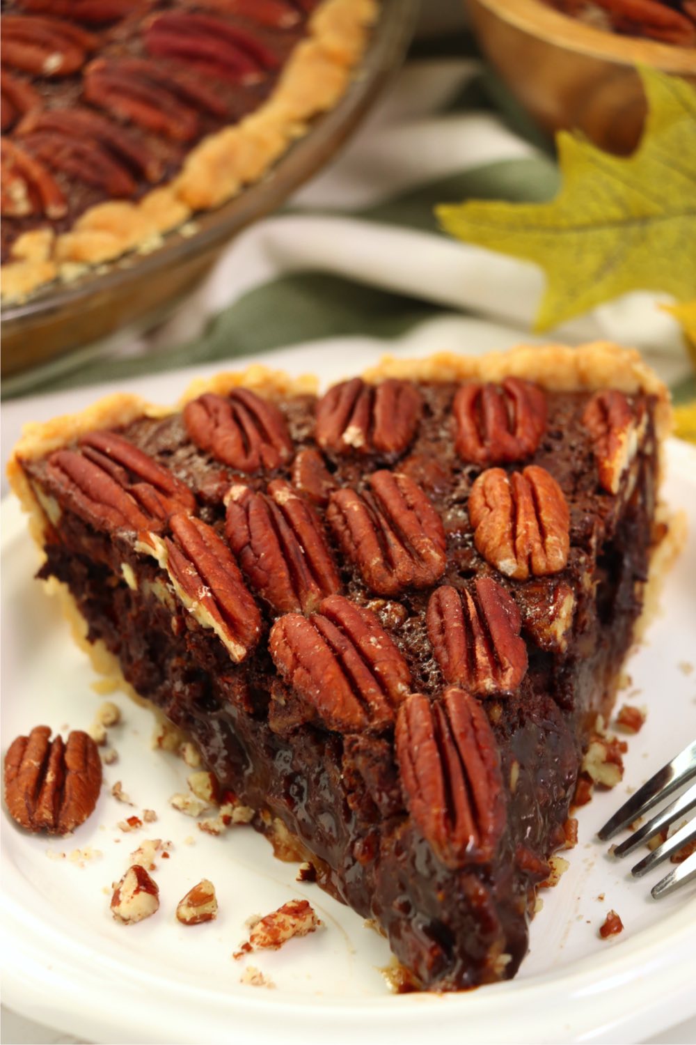 up close shot of piece of pecan pie