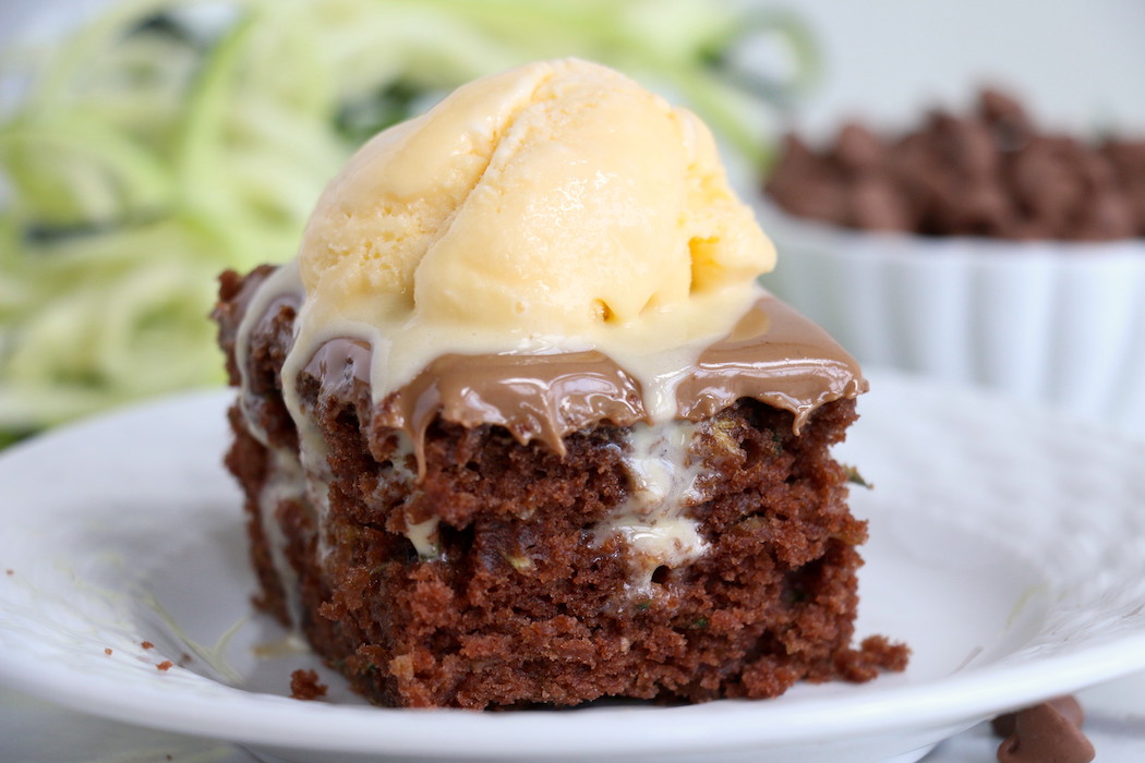Zucchini Cake - Rich and moist chocolate zucchini cake topped with chocolate peanut butter frosting.