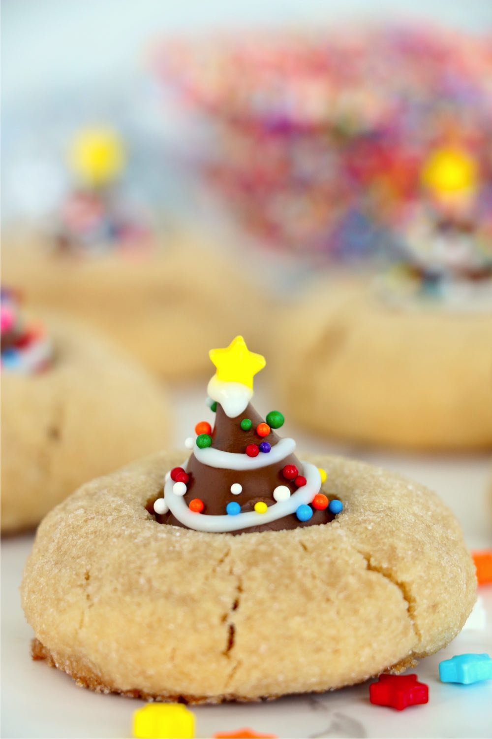 peanut butter blossoms decorated for Christmas