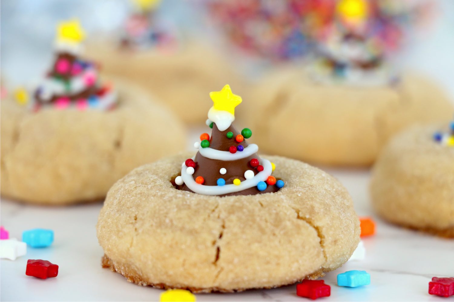 peanut butter blossoms with a decorated chocolate kiss