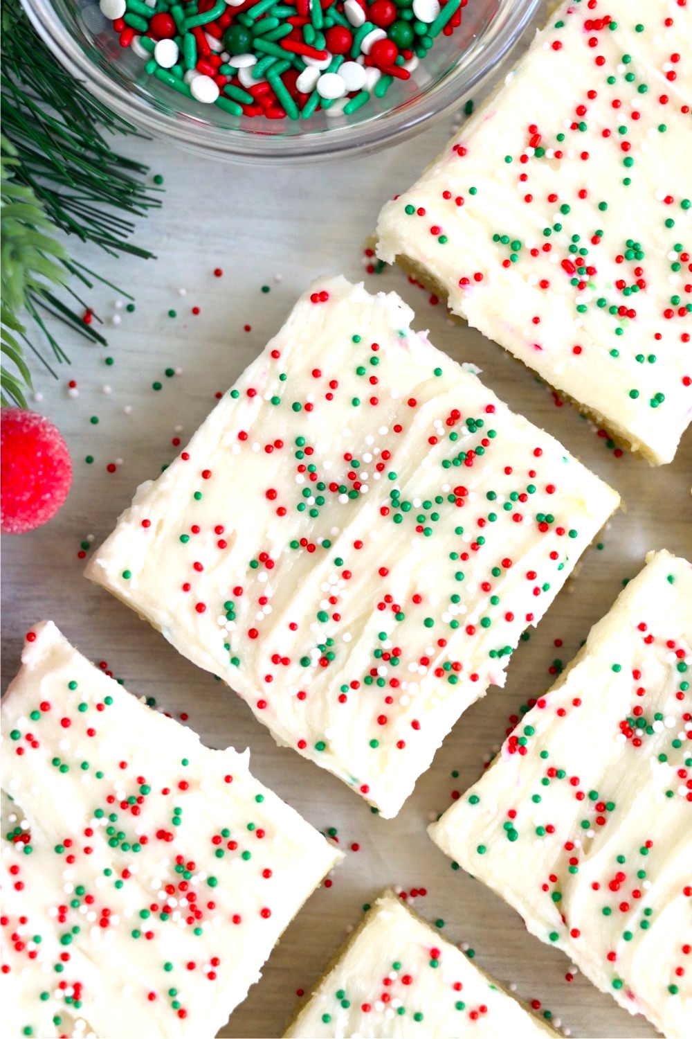 Cut Christmas sugar cookie cake bars