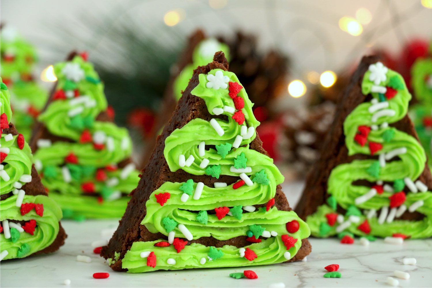 Christmas-tree shaped brownies decorated for the holidays