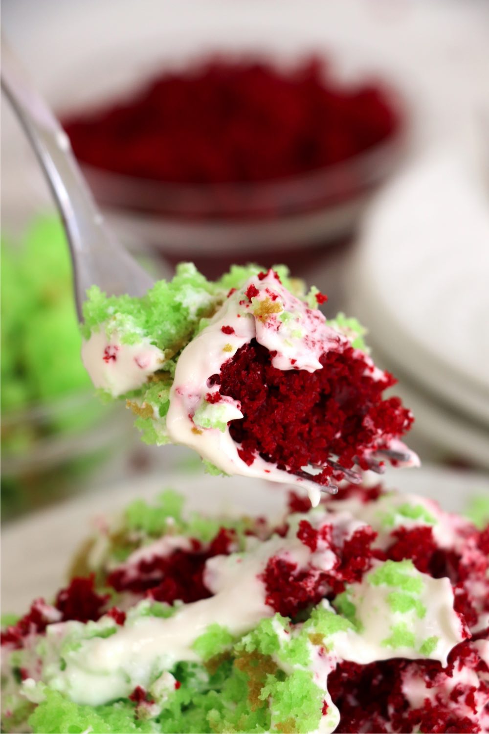 Forkful of Christmas trifle dessert.