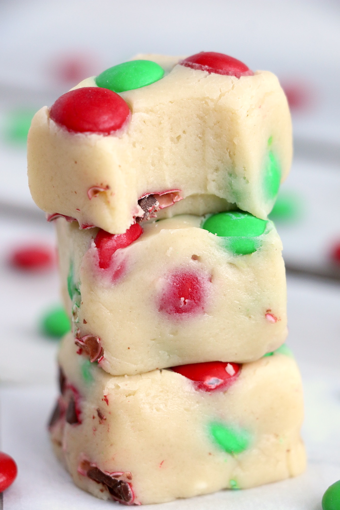 stack of M&M cookie dough fudge