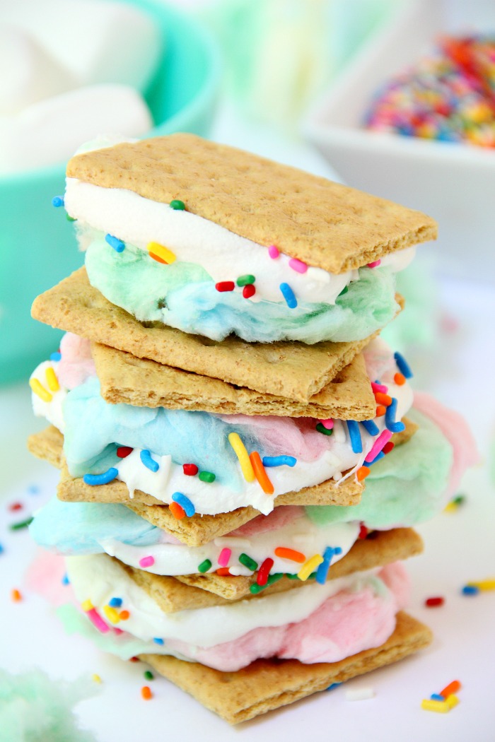 Cotton Candy S'mores - Cotton candy, white chocolate and sprinkles steal the show in this delicious and sweet spin on the traditional s'more!
