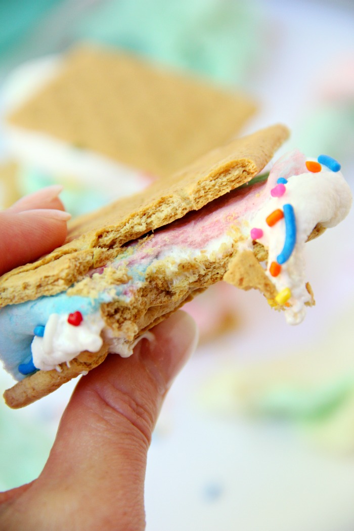 Cotton Candy S'mores - Cotton candy, white chocolate and sprinkles steal the show in this delicious and sweet spin on the traditional s'more!