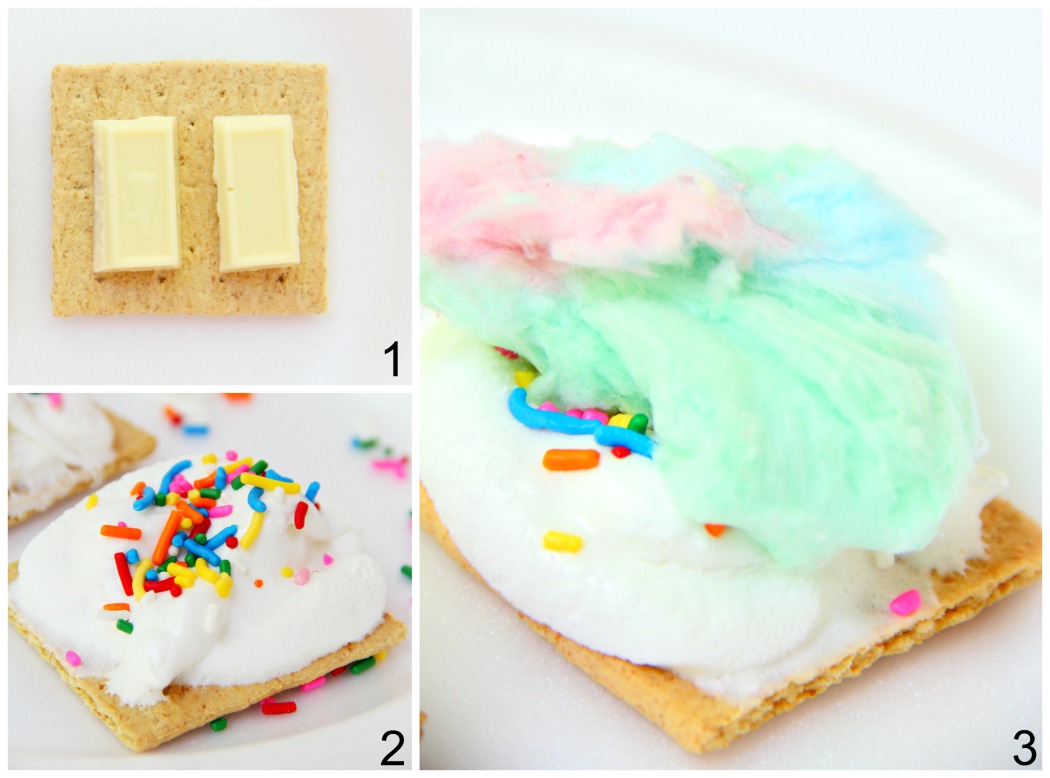 Cotton Candy S'mores - Cotton candy, white chocolate and sprinkles steal the show in this delicious and sweet spin on the traditional s'more!