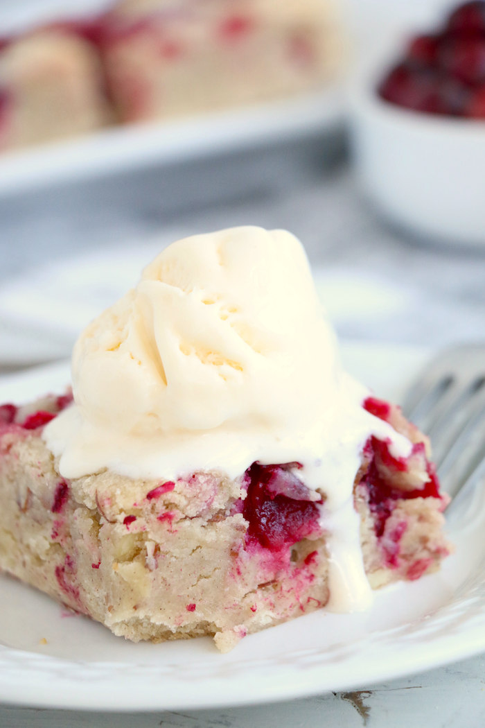 Easy Cranberry Cake - An easy and delicious cake bursting with tart cranberries. Top with vanilla ice cream and enjoy!