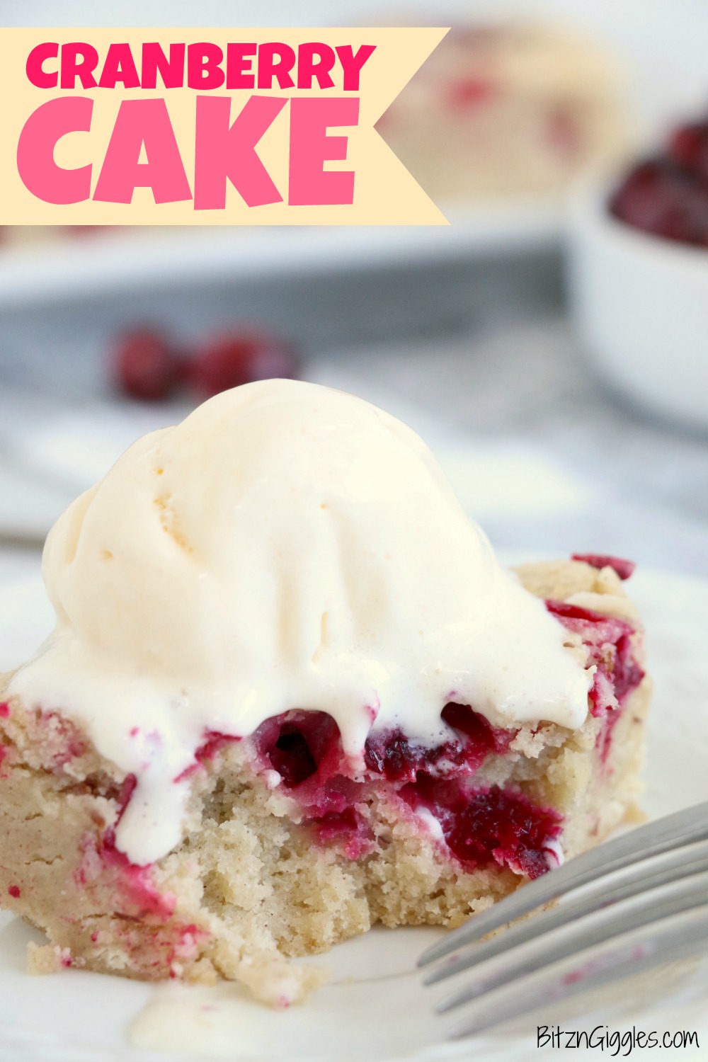 Easy Cranberry Cake - An easy and delicious cake bursting with tart cranberries. Top with vanilla ice cream and enjoy!