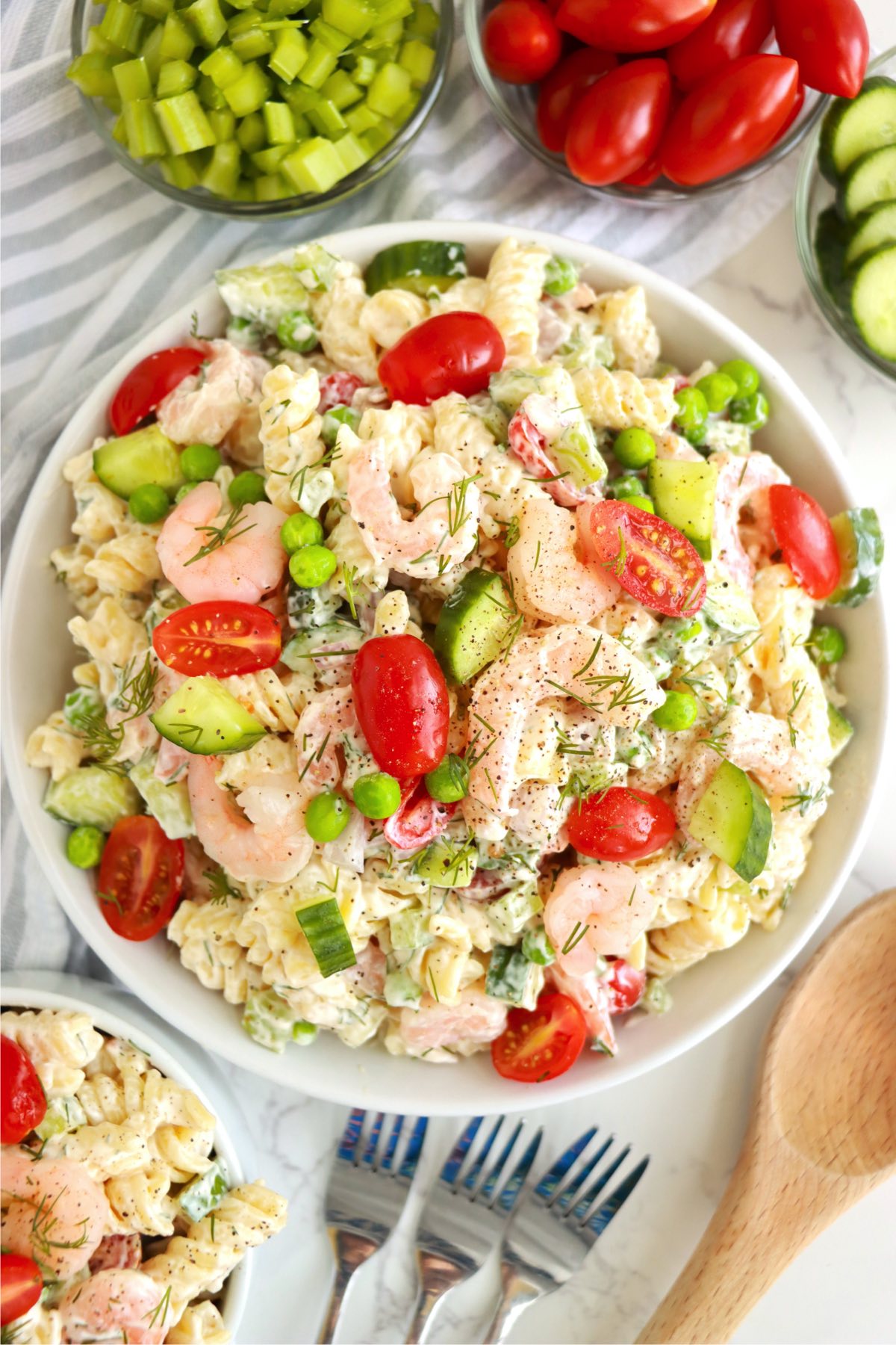 top shot of a big bowl of shrimp salad