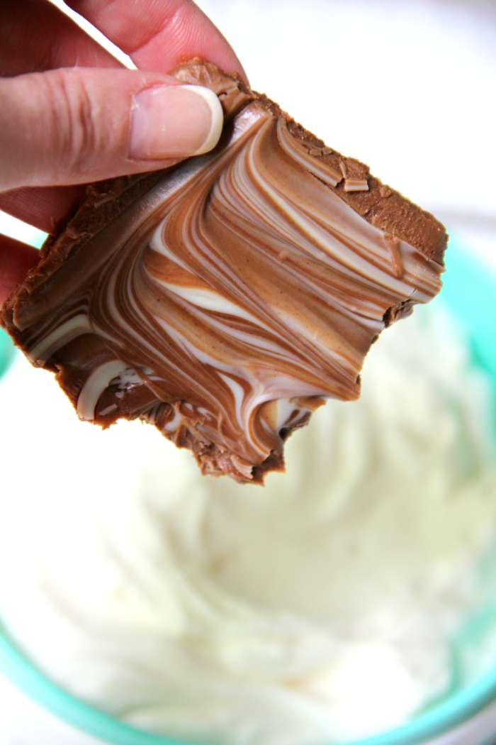 S'mores Dipping Squares - Chocolate and peanut butter graham squares with a marshmallow cream dip!