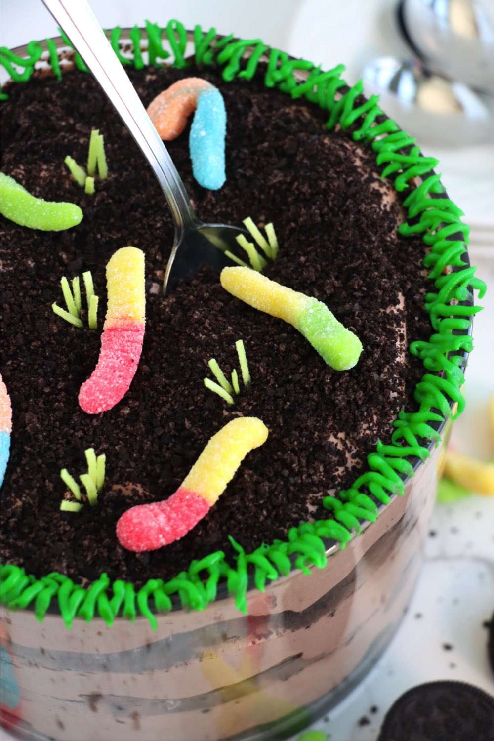 spoon digging into dirt cake trifle