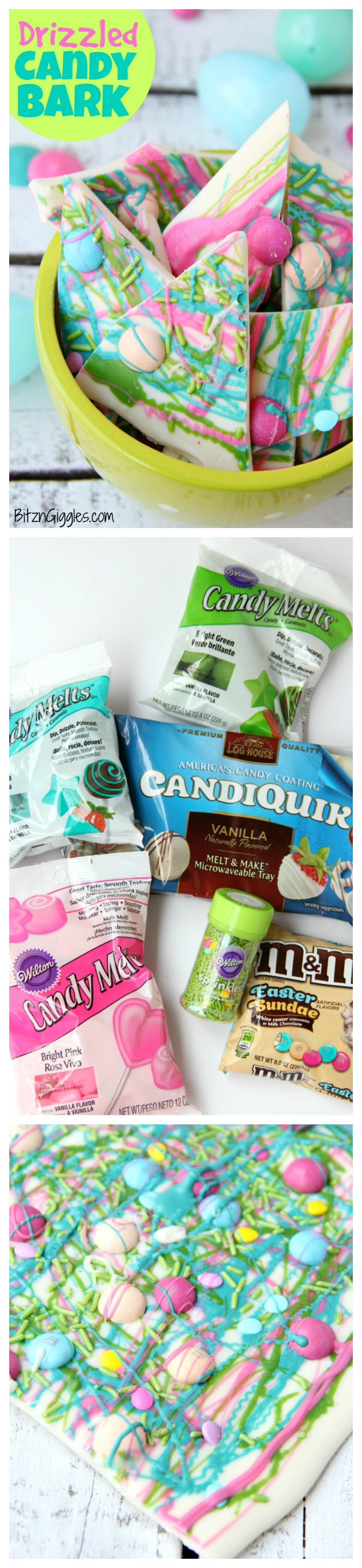 Drizzled Candy Bark - A fun twist on traditional candy bark with M&Ms, sprinkles and colored candy coating drizzle! Perfect for spring and Easter!