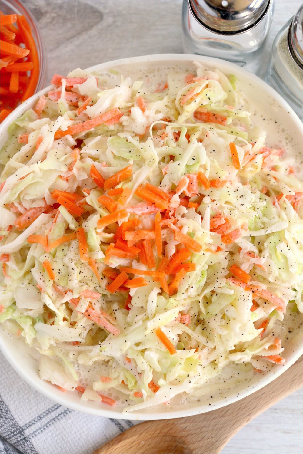 overhead shot of coleslaw in bowl
