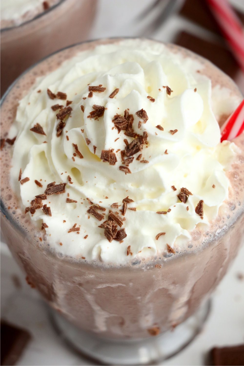 top shot of frozen hot chocolate in glass mug