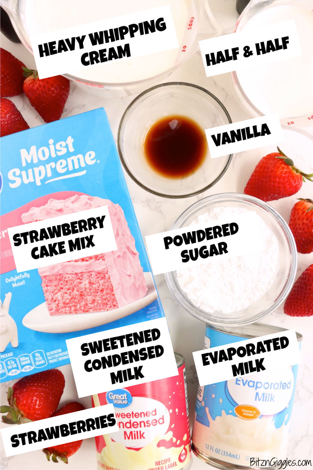 Ingredients for strawberry tres leches cake
