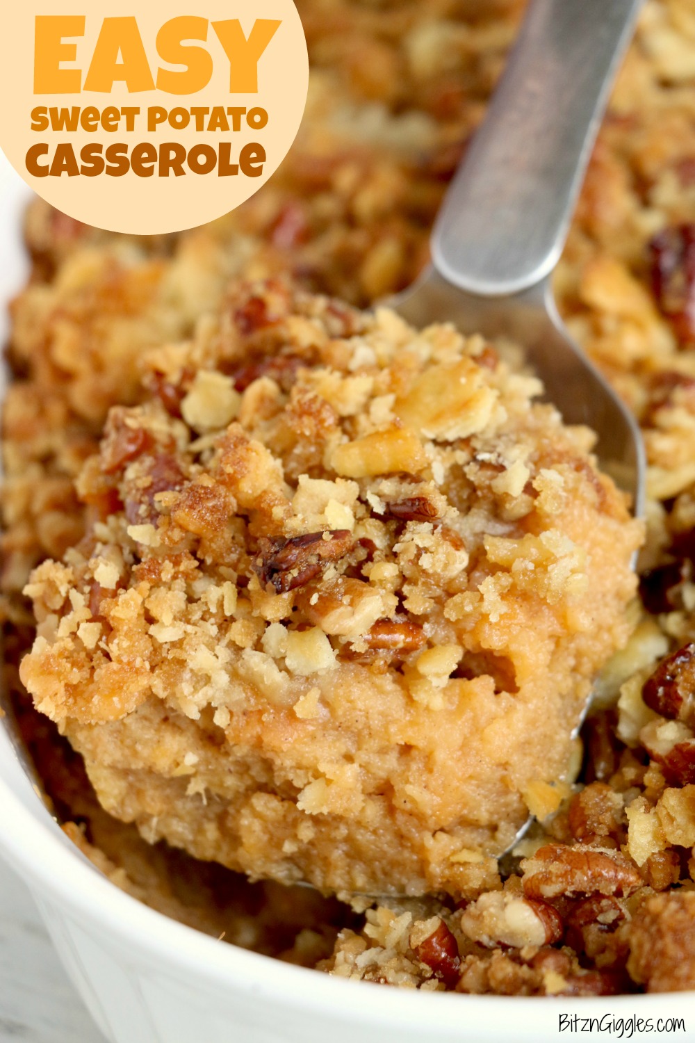 Easy Sweet Potato Casserole - An easy and delicious casserole that comes together with no scrubbing, boiling or baking the sweet potatoes! Topped with a sweet, salty and crunchy streusel, your guests will devour this simple and tasty side dish!