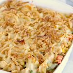 Easy Turkey Casserole - A cheesy casserole filled with turkey and vegetables and topped with crunchy, French fried onions!