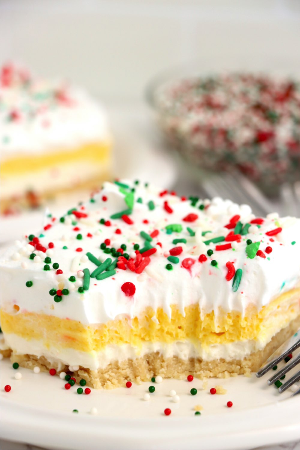 bite taken out of a layered dessert