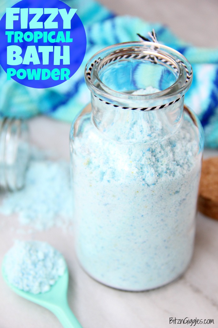 Fizzy Tropical Bath Powder - A light, airy, coconut scented powder that's calming, soothing and fizzes with pops of blue and green color when it hits the bath water, turning your water a beautiful turquoise blue.