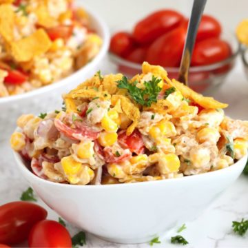 white dish filled with Fritos corn salad