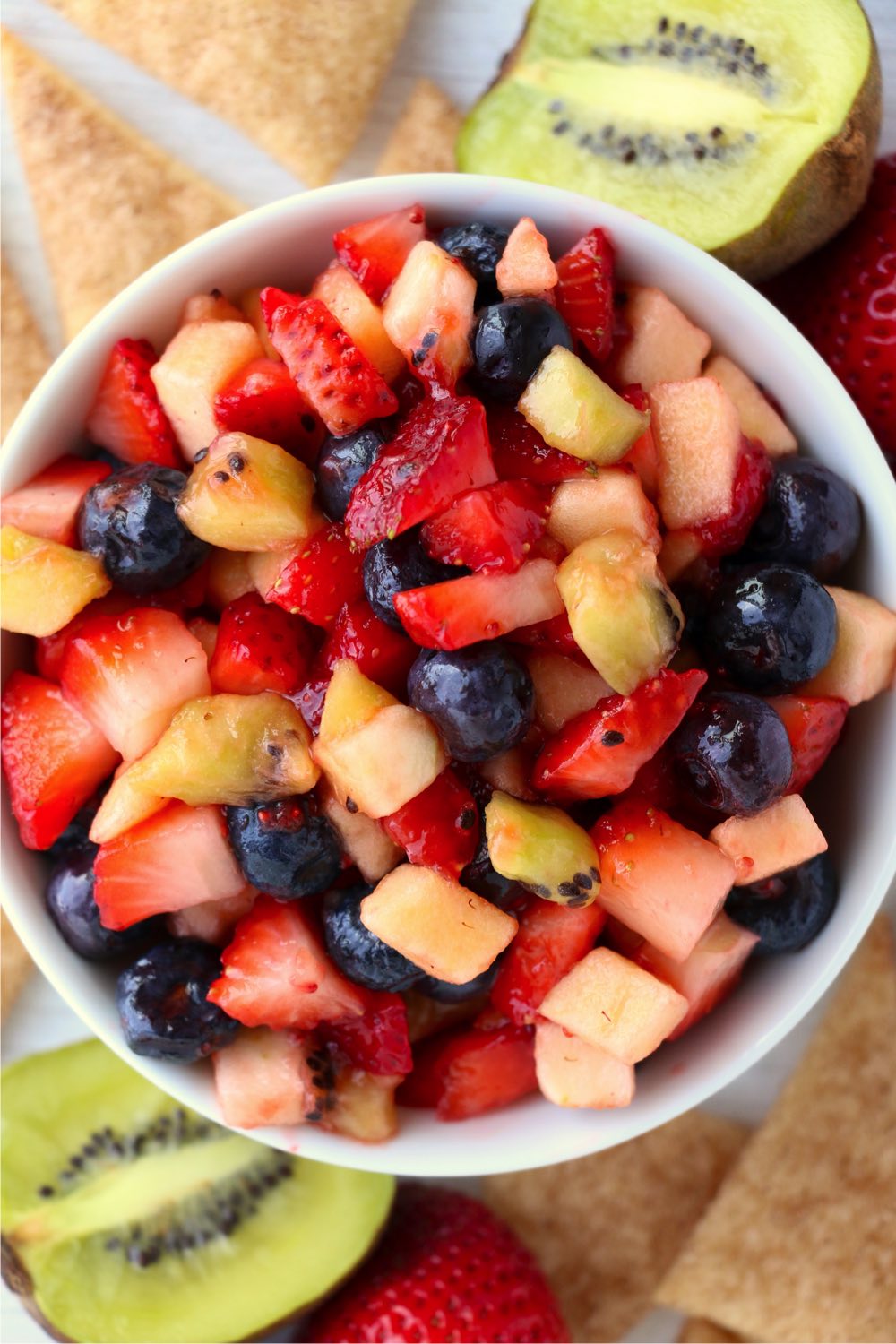 aerial shot of fruit salsa in white bowl