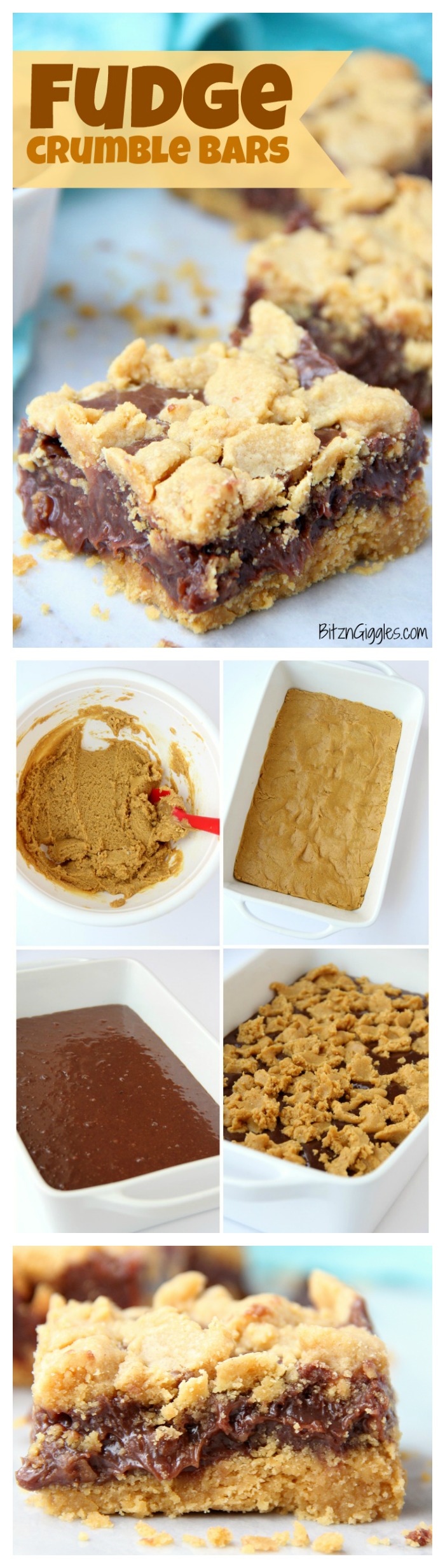 Fudge Crumble Bars - Fudge, peanut butter and coconut pecan frosting enveloped by a delicious yellow cake mix crust and crumble topping!