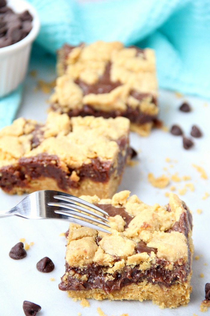 Fudge Crumble Bars - Fudge, peanut butter and coconut pecan frosting enveloped by a delicious yellow cake mix crust and crumble topping!