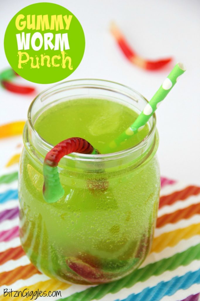 Gummy Worm Punch - Gummy worms are frozen in a punch mixture and emerge from the ice as the drink is enjoyed! So much fun and perfect for birthday parties and Halloween!