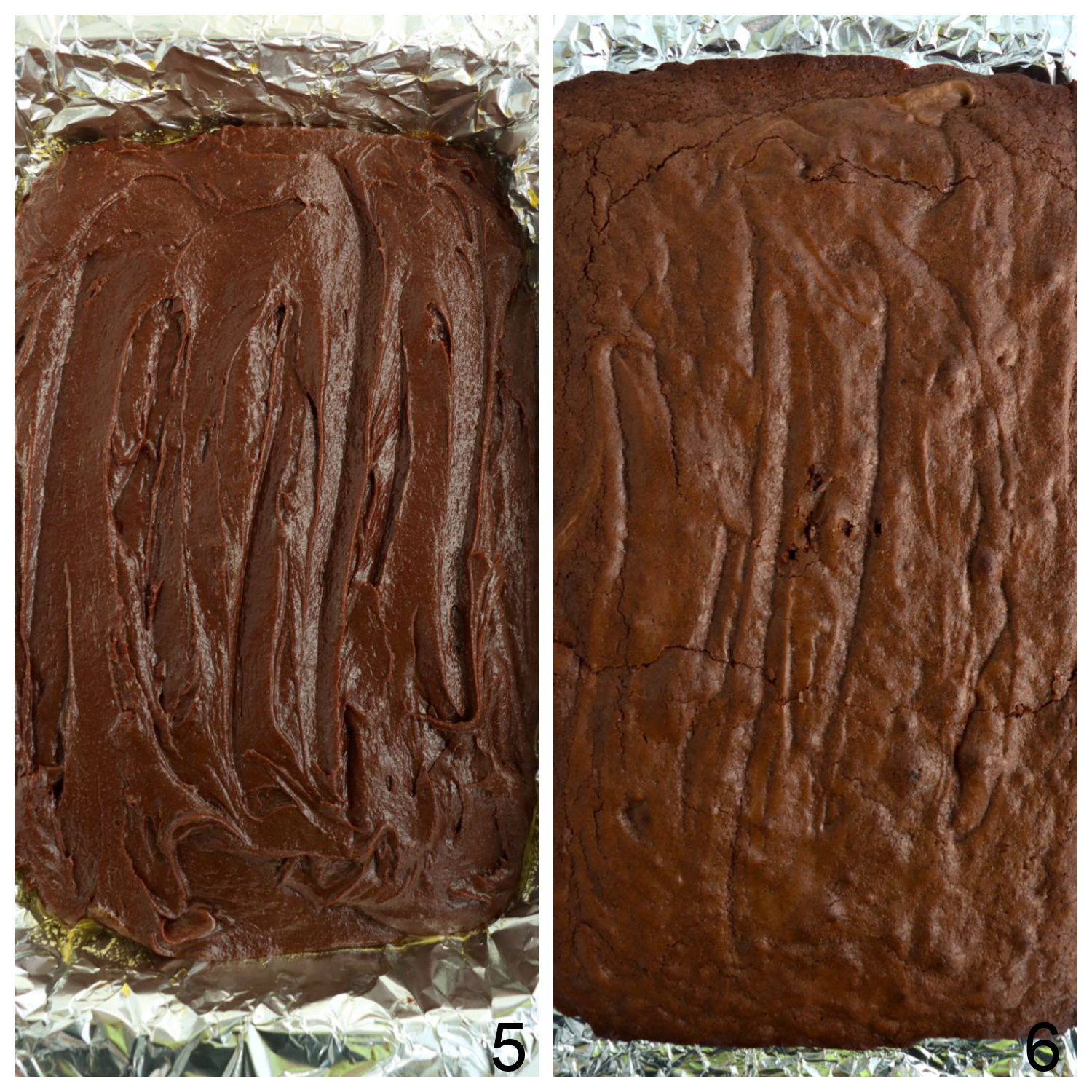 side by side view of unbaked and baked brownies