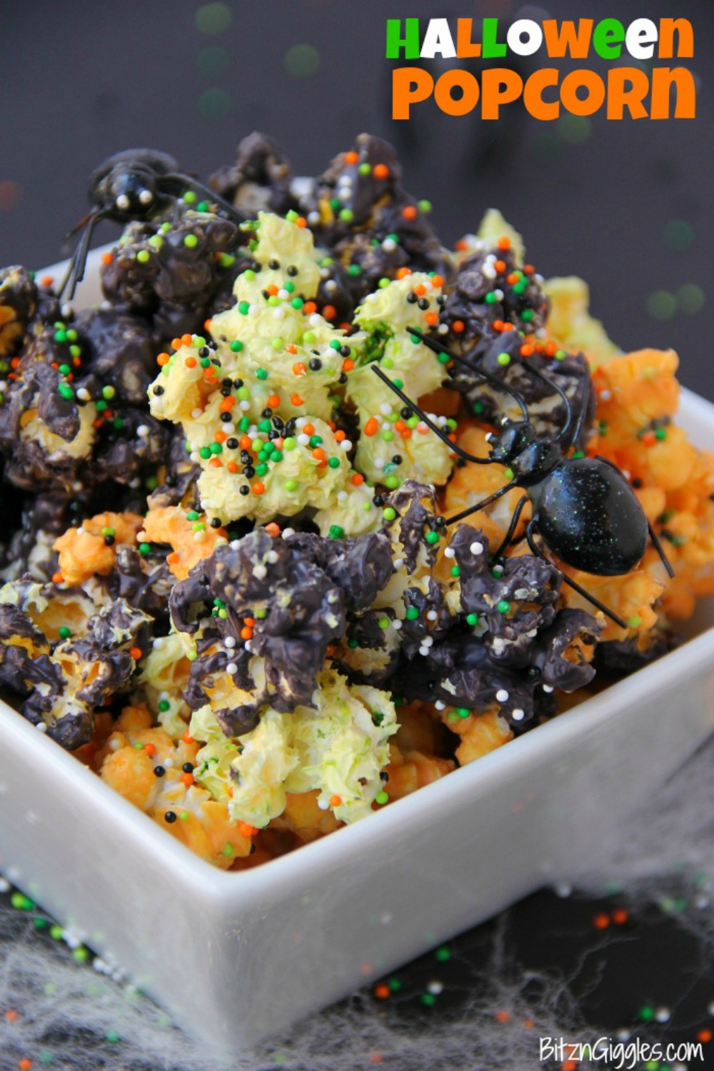 Halloween Popcorn – Candy-coated popcorn with sprinkles and a Halloween flair!