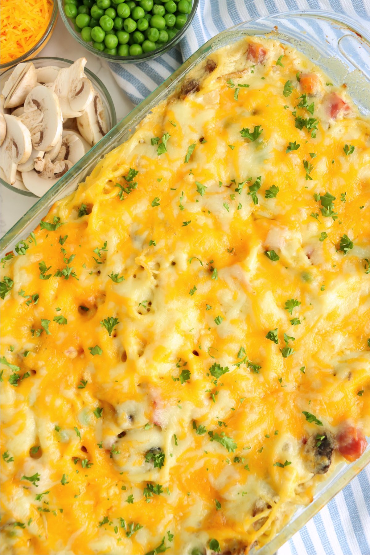 baking dish filled with tetrazzini bake