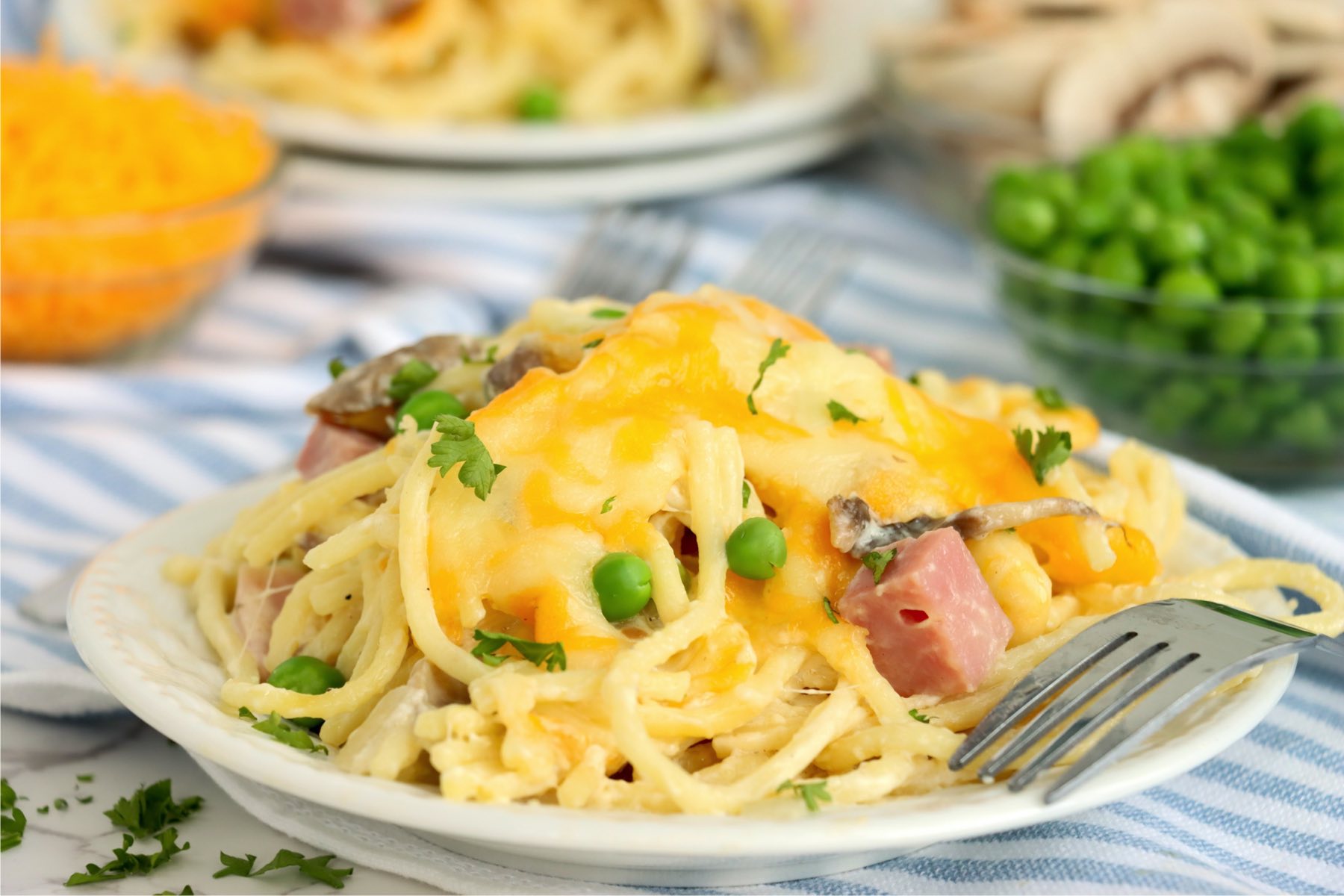 plate of tetrazzini covered in melted cheese