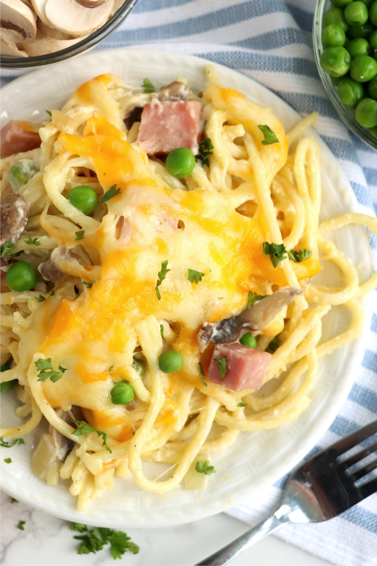 plate filled with cheesy tetrazzini