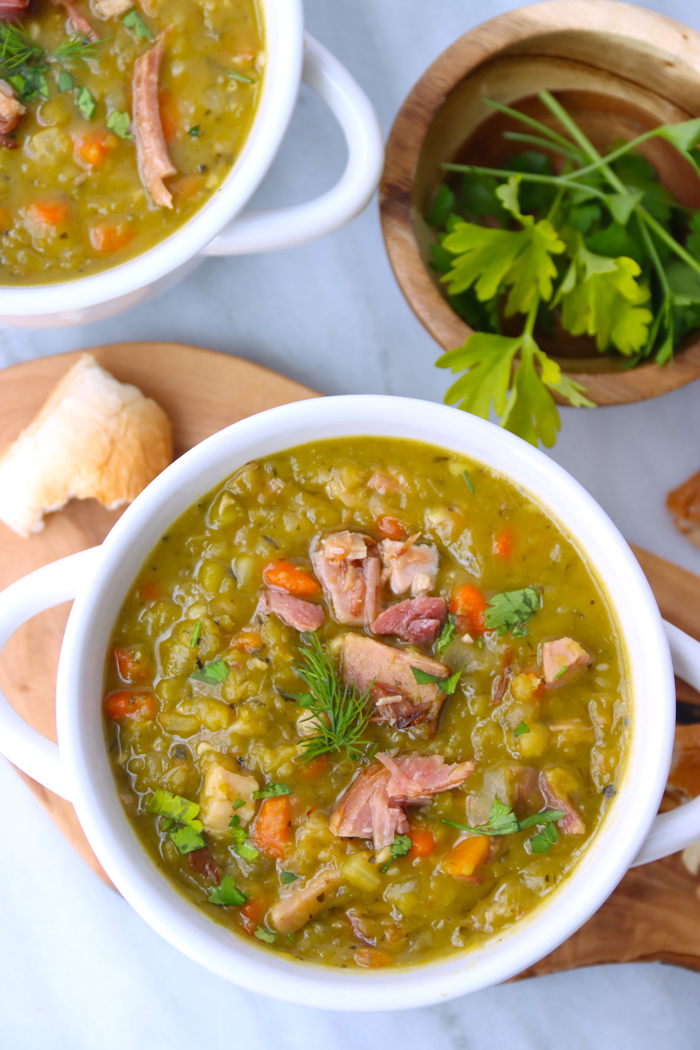 top shot of bowl of pea soup