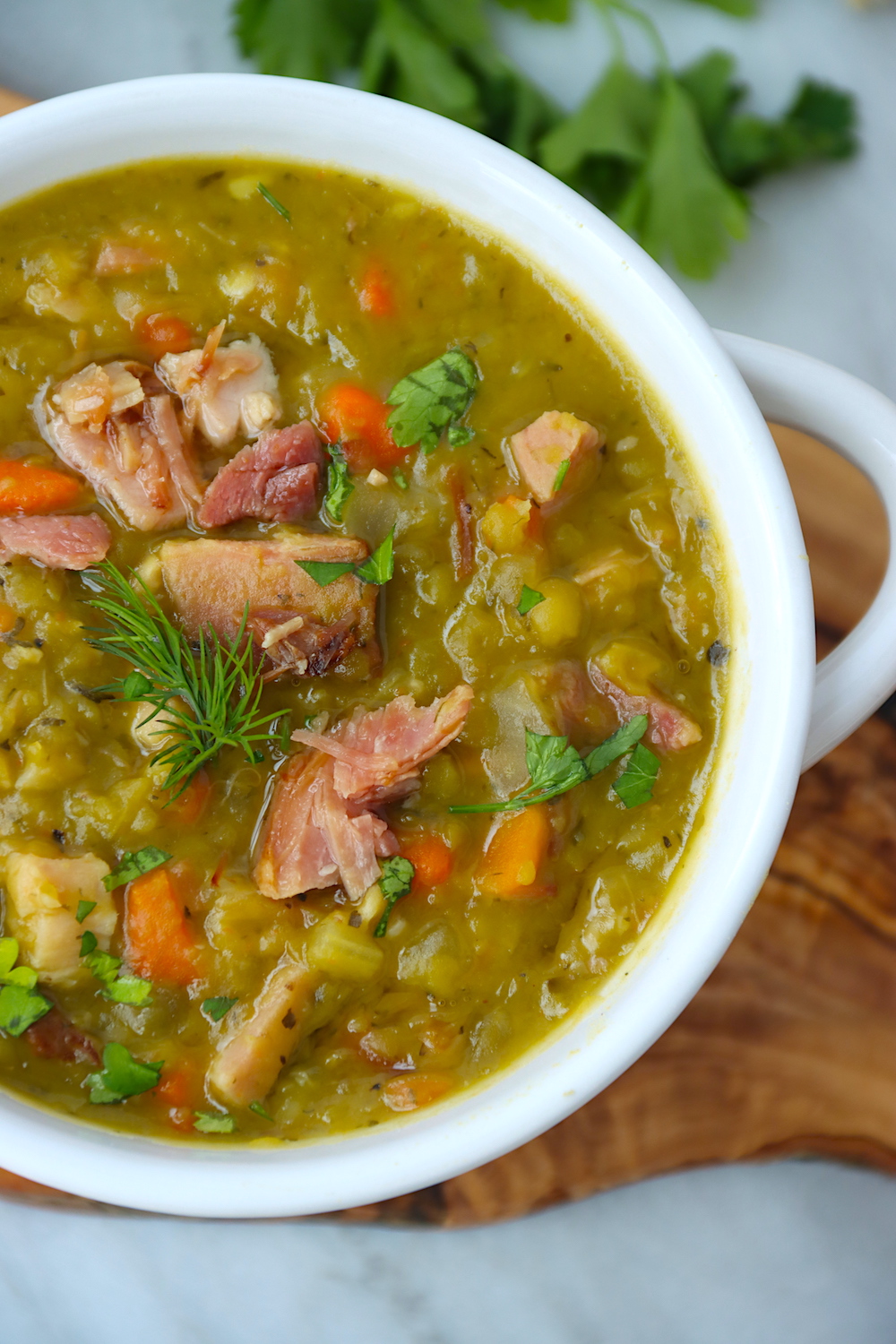 close up shot of hearty homemade pea soup