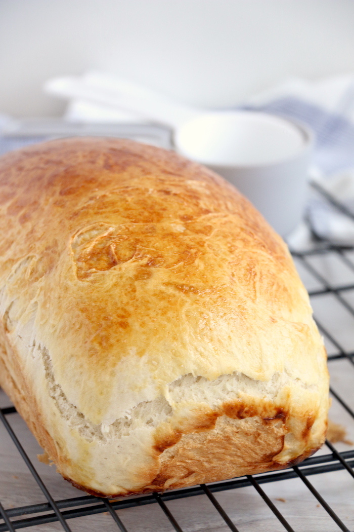 Loaf of homemade bread on a cooling rack