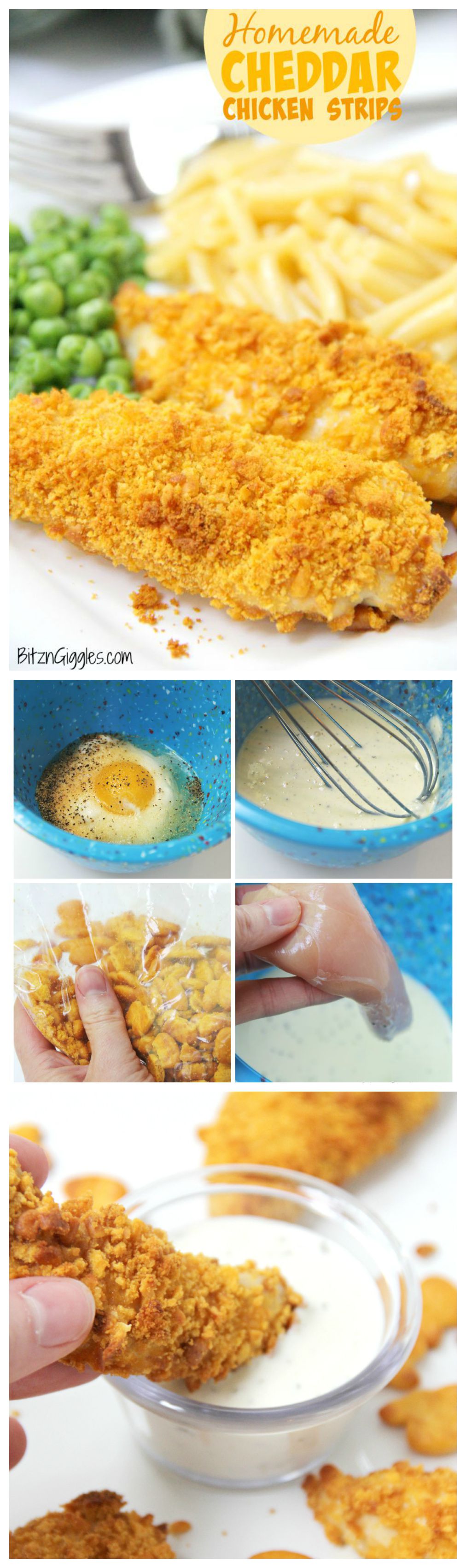 Homemade Cheddar Chicken Strips - Super juicy chicken strips with a crunchy cheddar cracker coating! A "kid food" favorite delicious enough for even adults!