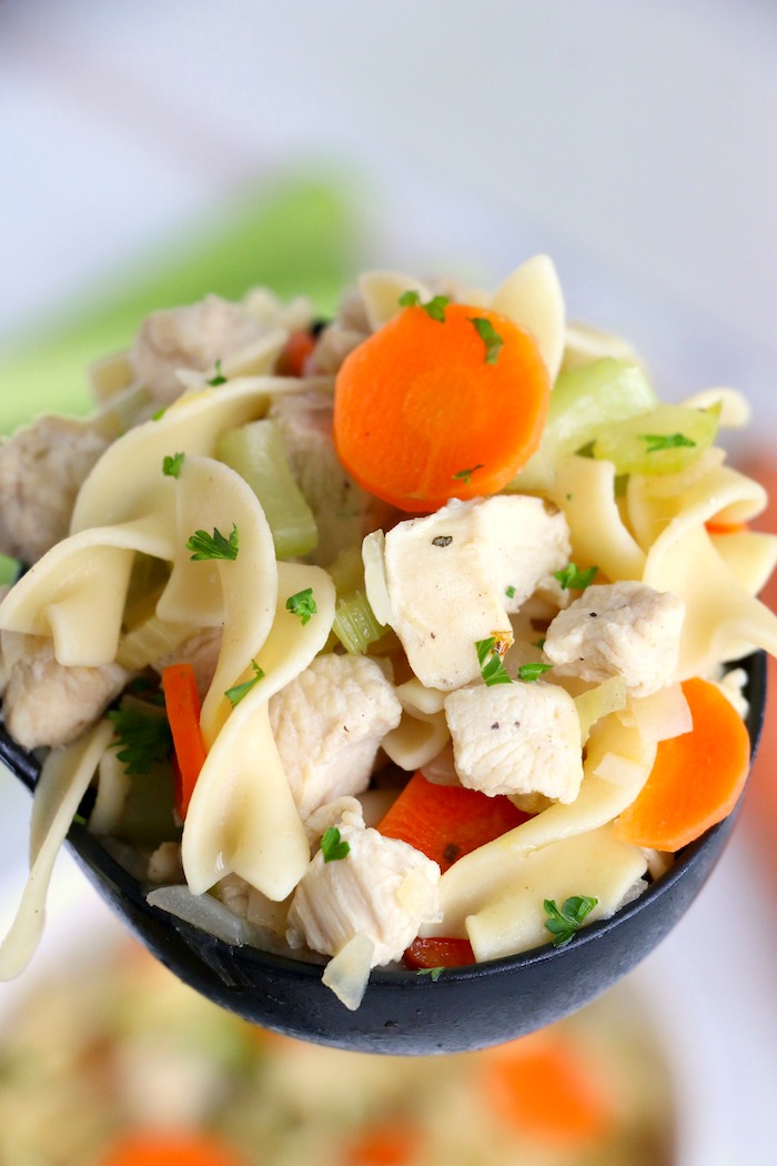 ladle filled with chicken noodle soup