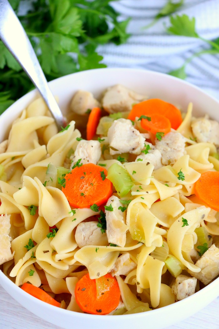 chicken noodle soup in bowl with spoon