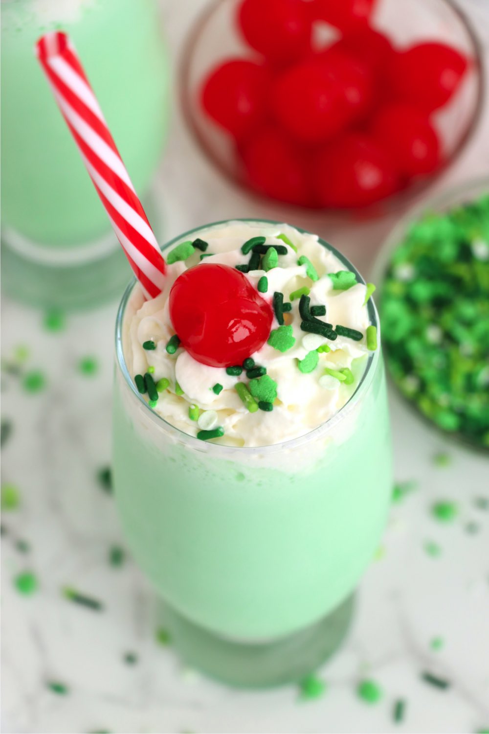 overhead shot of green milkshake