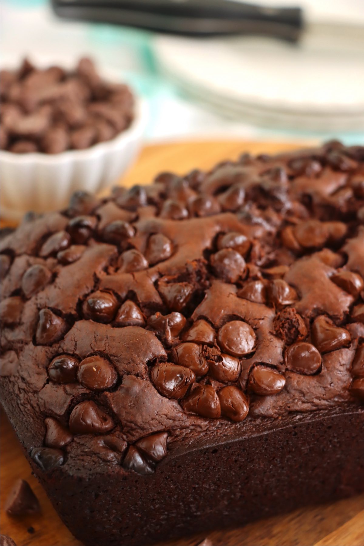 side view of a loaf of hot fudge brownie bread