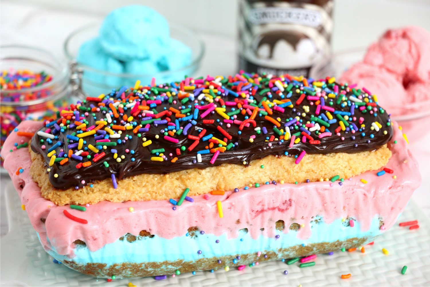 ice cream cake covered in fudge