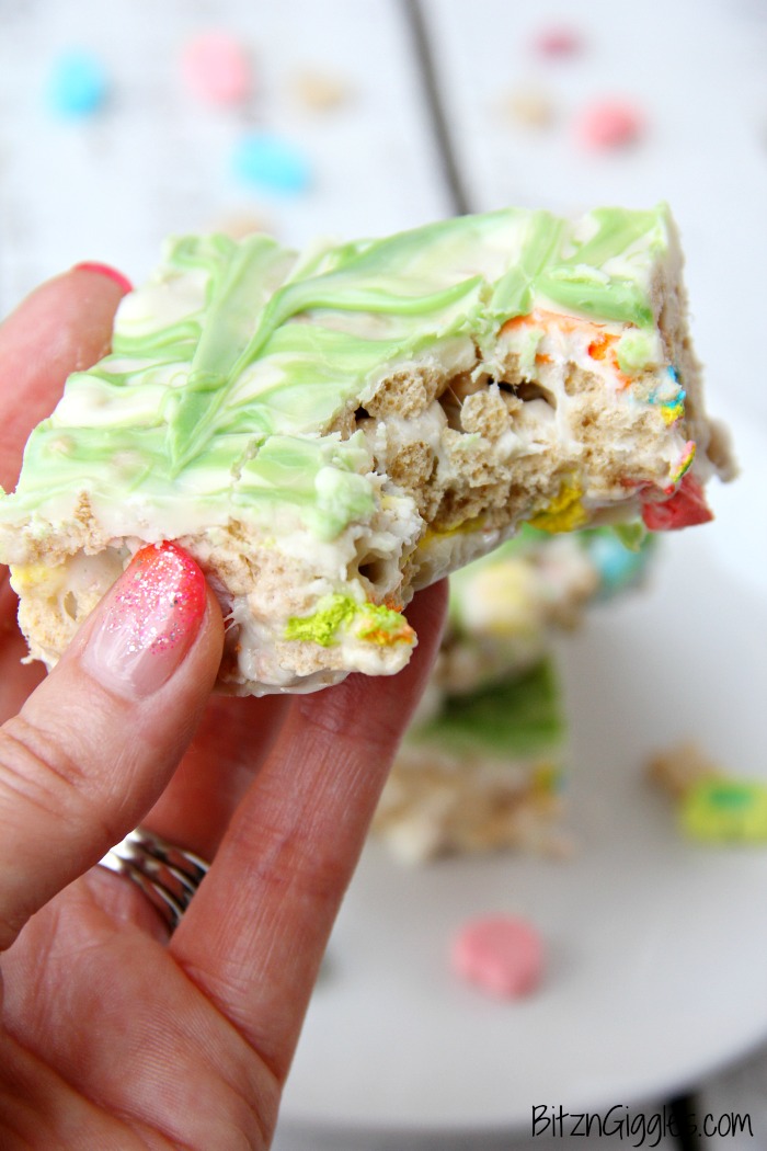 Microwave Lucky Charms Treats - Ooey, gooey, marshmallowy treats made with Lucky Charms then topped with a candy melt swirl!