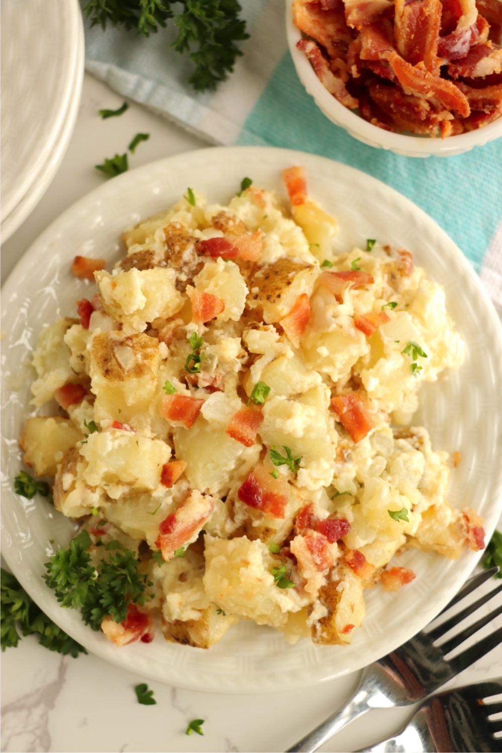 Overhead shot of potato casserole on a plate