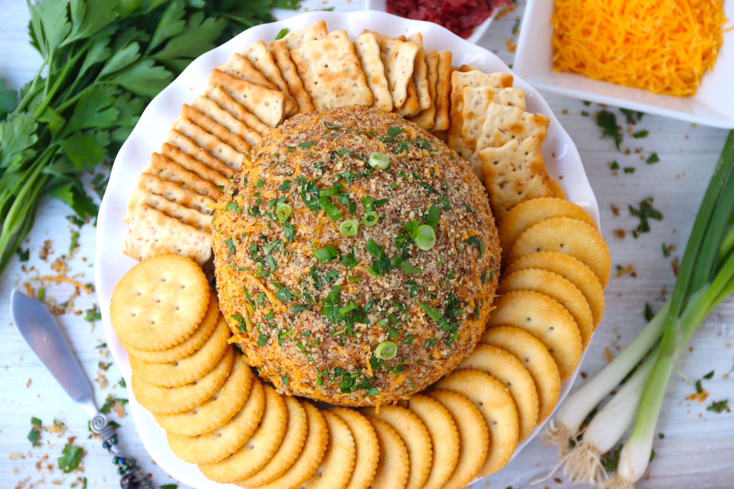 top shot of cheese ball and crackers