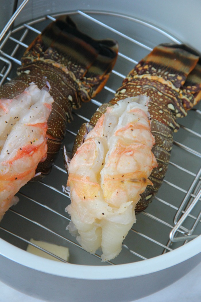 lobster tails on rack in Ninja Foodi pot