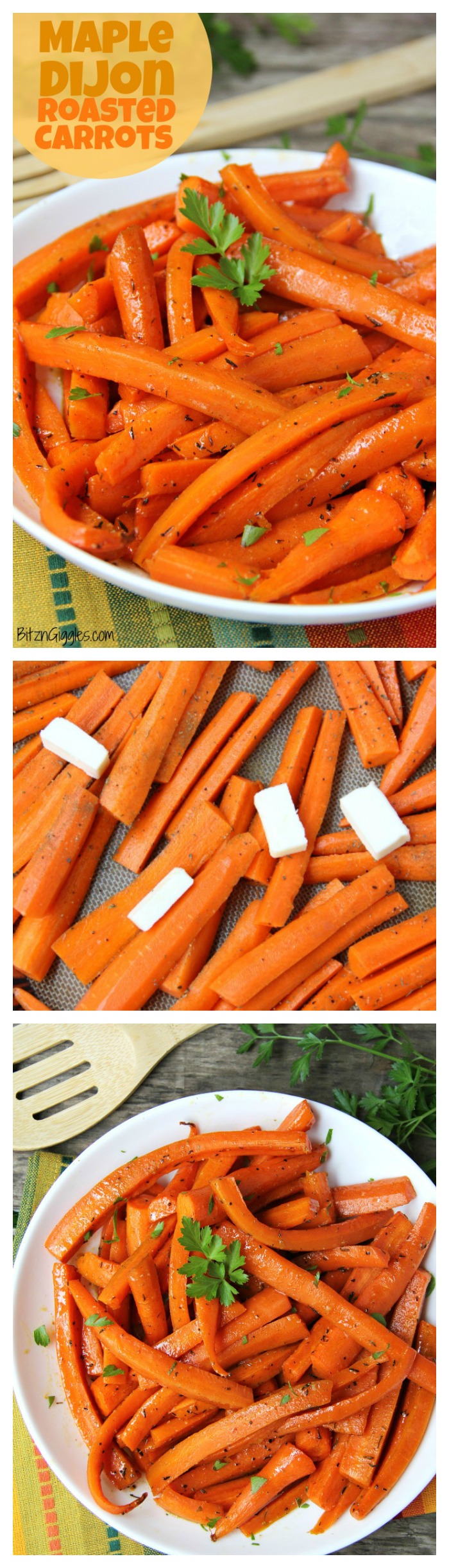 Maple Dijon Glazed Carrots - Sweet, roasted carrots with a delicious maple dijon glaze! Perfect for the holidays!